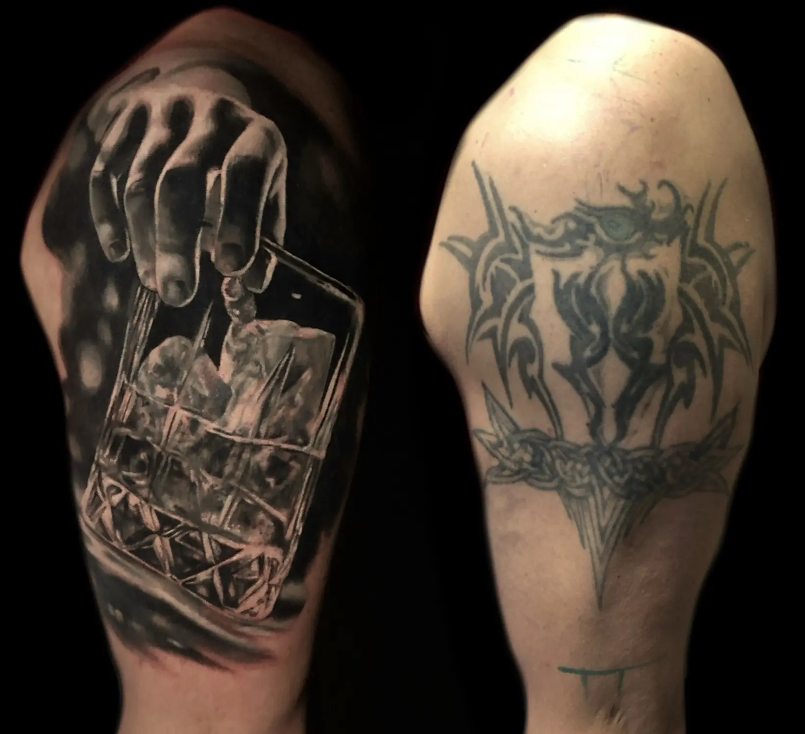 Cover up przed i po — czarny tribal na ramieniu zakryty realistycznym tatuażem dłoni ze szklanką, Studio Tatuażu Hypnotic Bielsko-Biała
