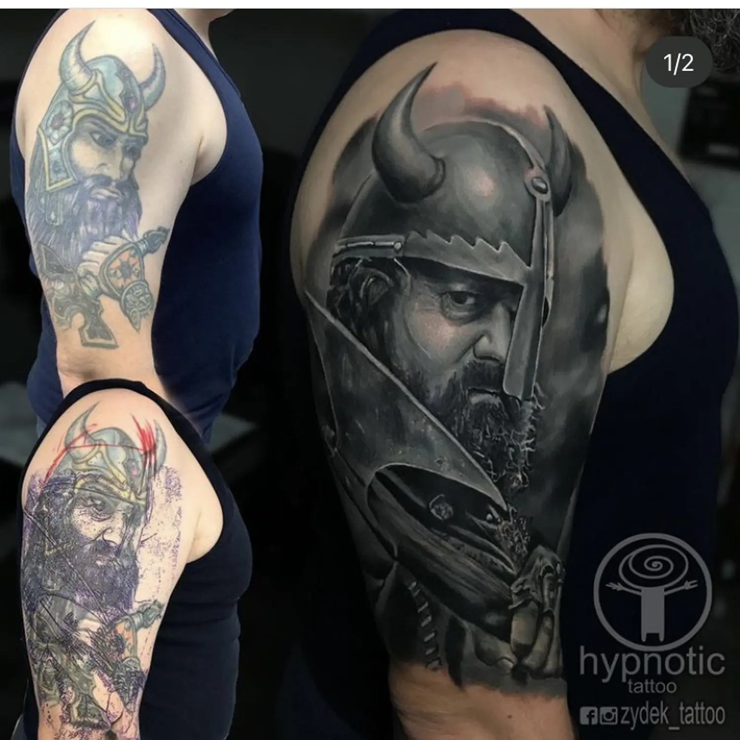 Cover up przed i po — kolorowy tatuaż wikinga zakryty czarno-białym realistycznym wojownikiem, Studio Tatuażu Hypnotic Bielsko-Biała